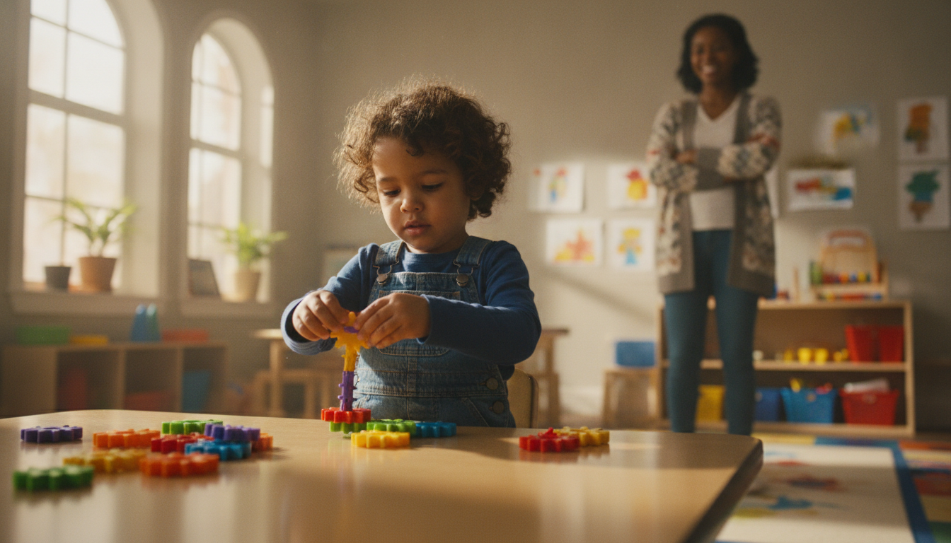 Children playing with gear building set