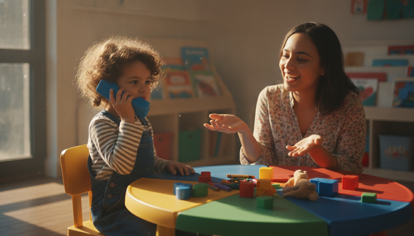 Child playing with teaching telephone toy