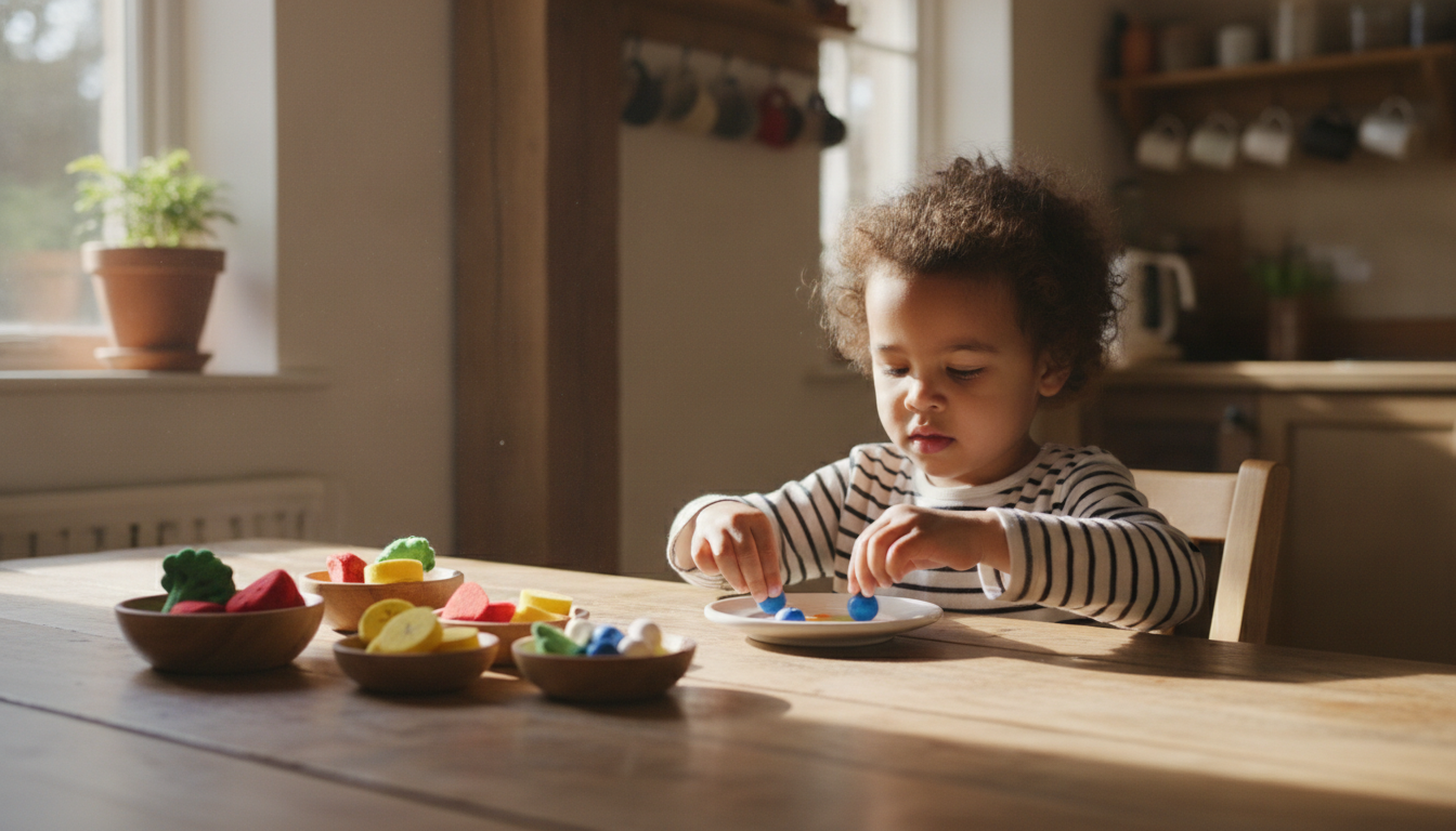 Child playing with wooden pizza slices