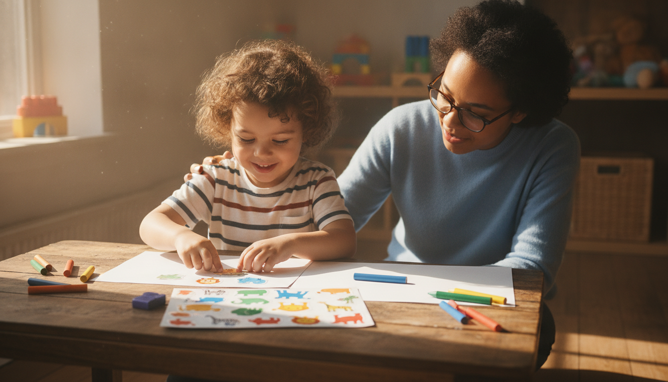 Child playing with sticker pad, colorful habitats and animals
