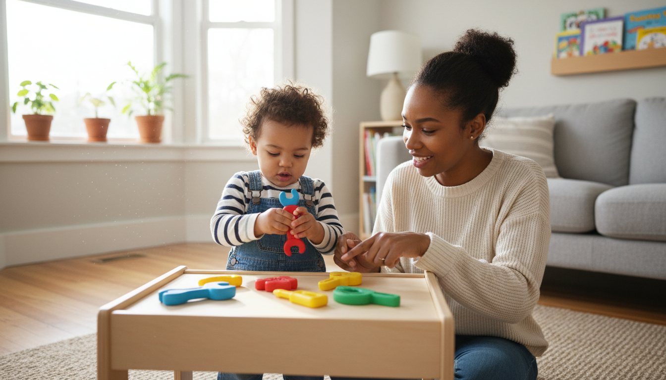 Toddler playing with tool set