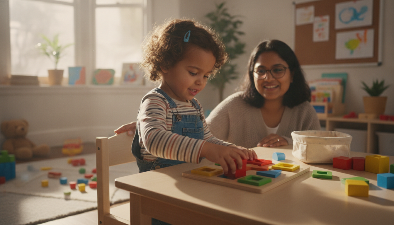 Child playing with wooden shape sorting clock
