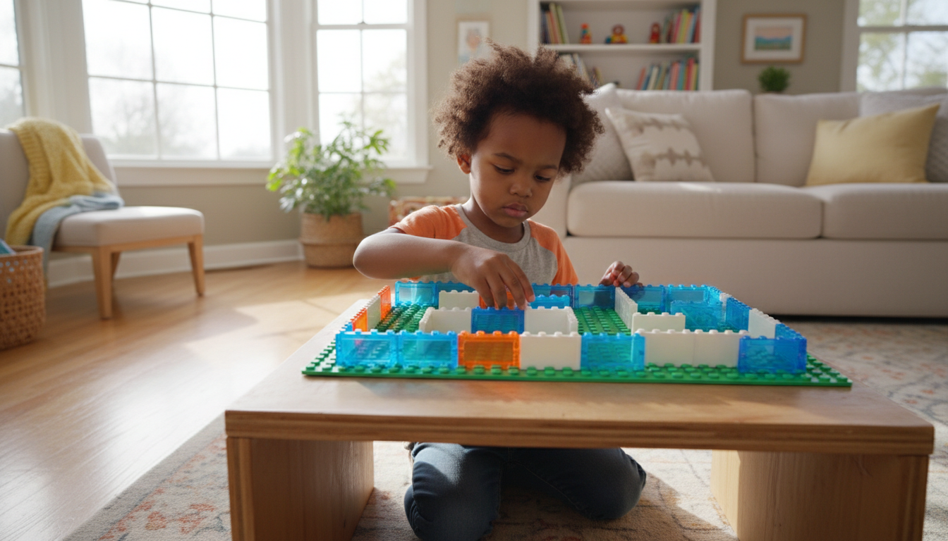 Young child playing with robot mouse toy and maze pieces