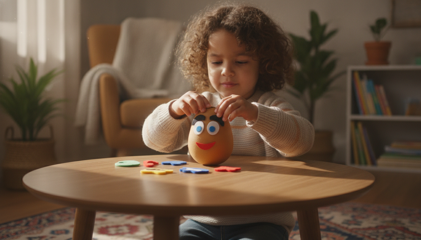 Child building facial expressions with pineapple toy