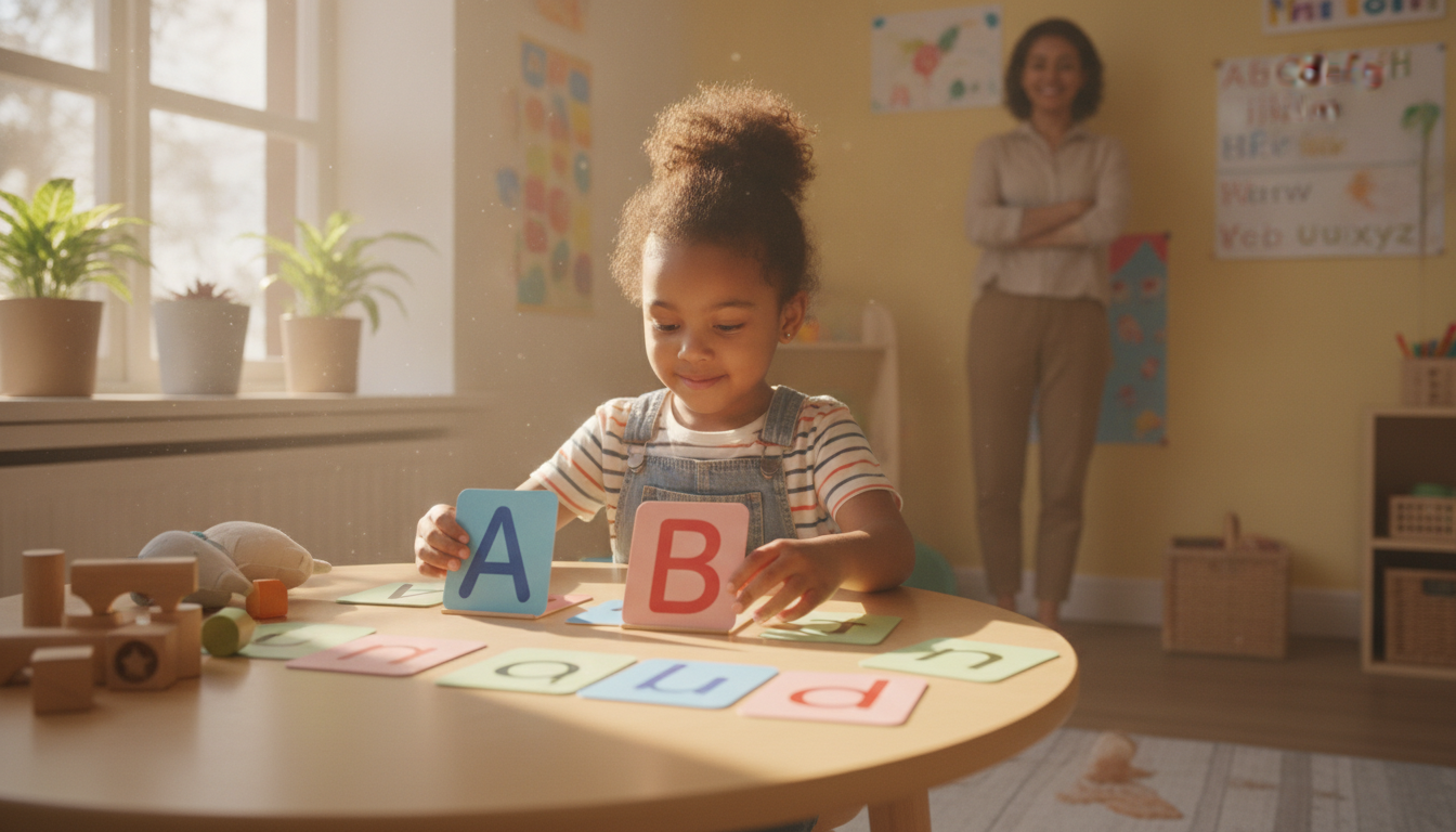Child playing with colorful alphabet popsicle toys