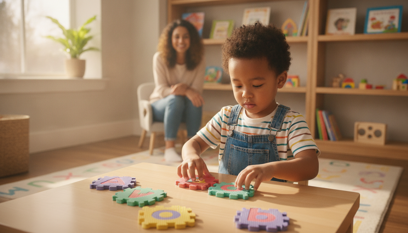 Child playing with alphabet mailbox