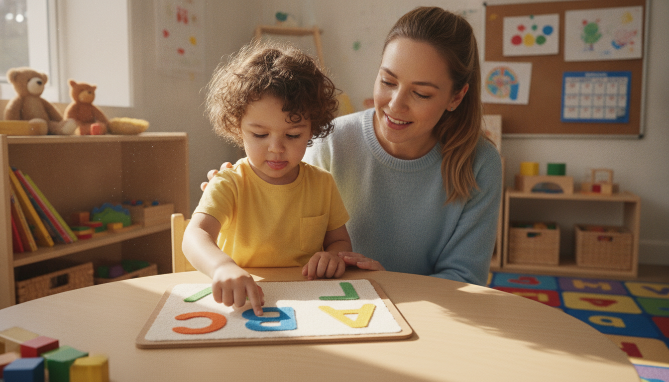Young child using letter tracing sensory pad