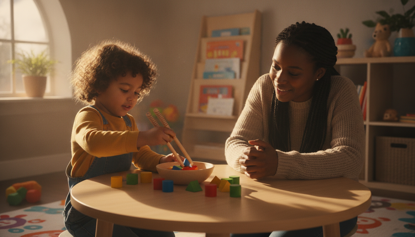 Young child playing with the Dumpling Dash game pieces