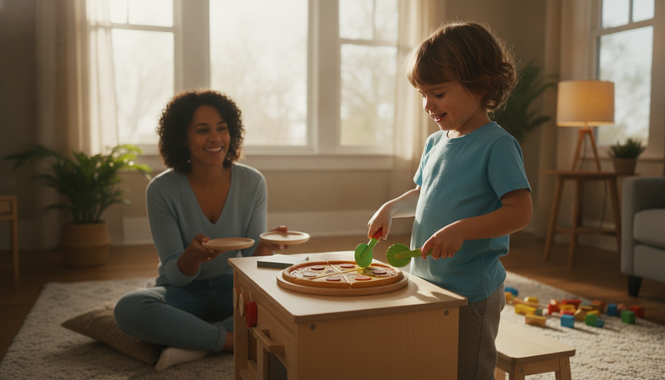 Pretend pizza making with wooden toppings