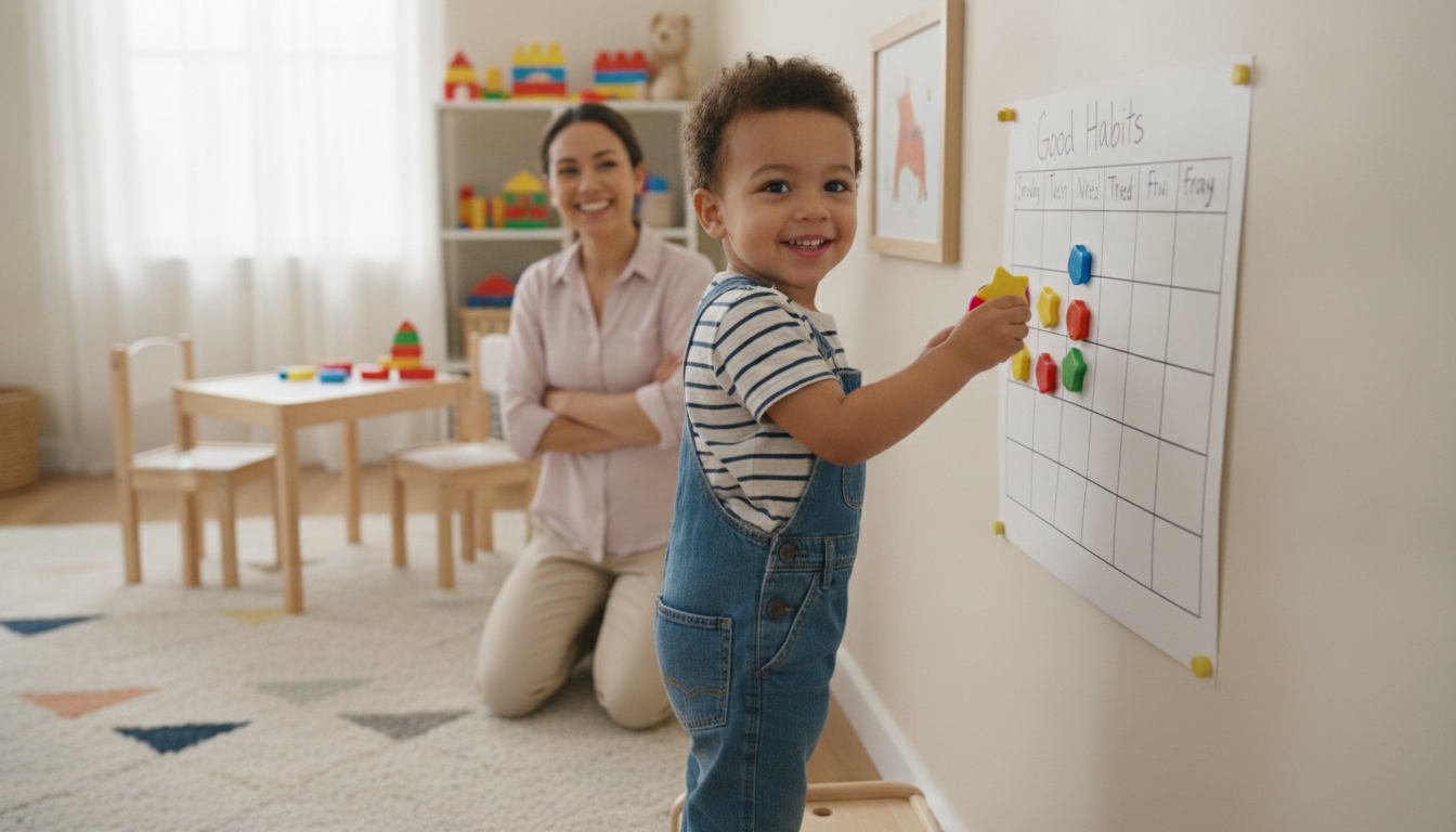 Child placing magnets on the responsibility chart