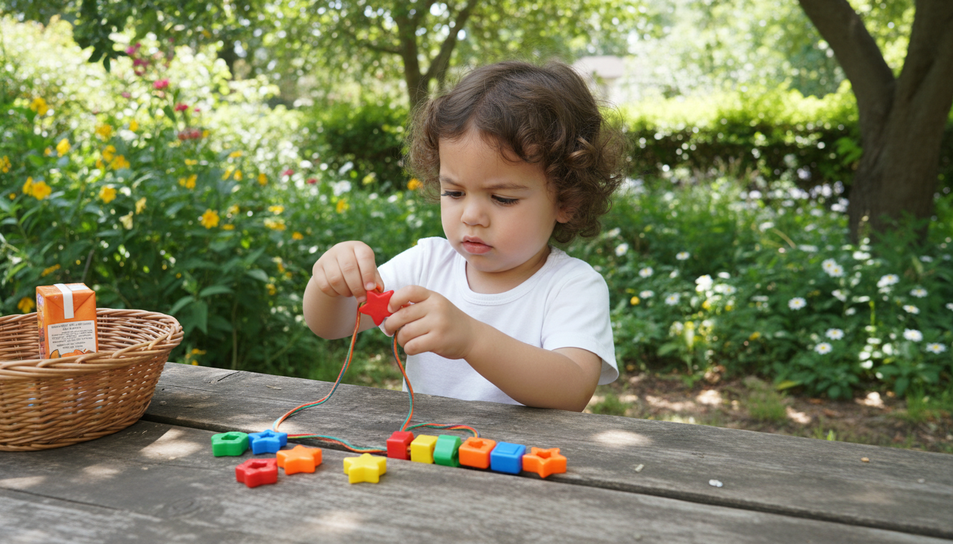 Child creating faces with magnetic pieces