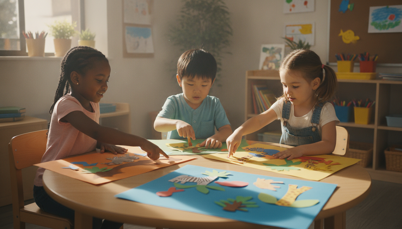 Close-up of hands peeling and placing stickers on habitat scenes