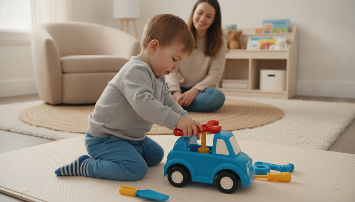 Close up of toddler holding a plastic drill toy
