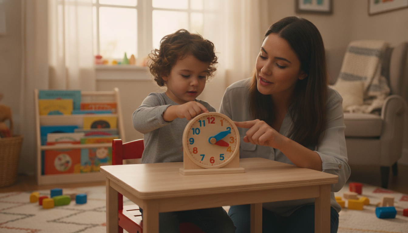 Clock toy showing colored shape number pieces