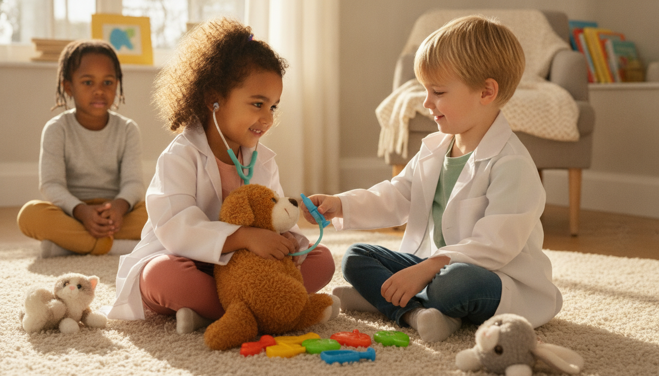 Children playing vet with plush pet toys