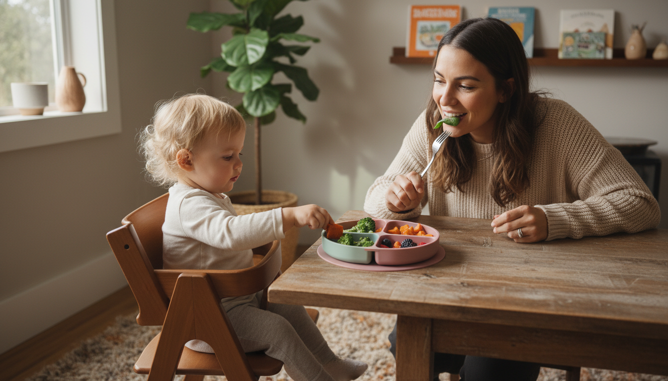 Meet Your Mealtime MVP: WeeSprout Silicone Suction Plates with Lids for Toddlers – toddler eating with colorful suction plate