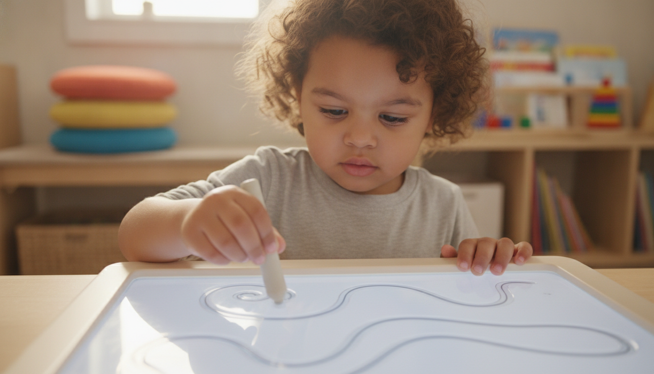 Closeup of tracing letters on gel pad with stylus