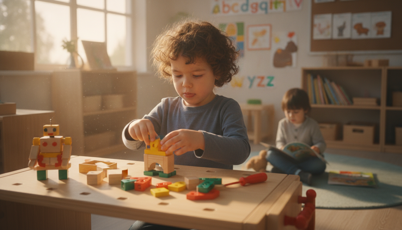Child assembling gear building toy on table