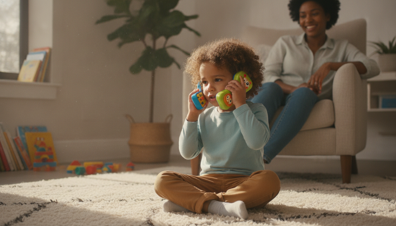 Child holding toy phone in pretend play