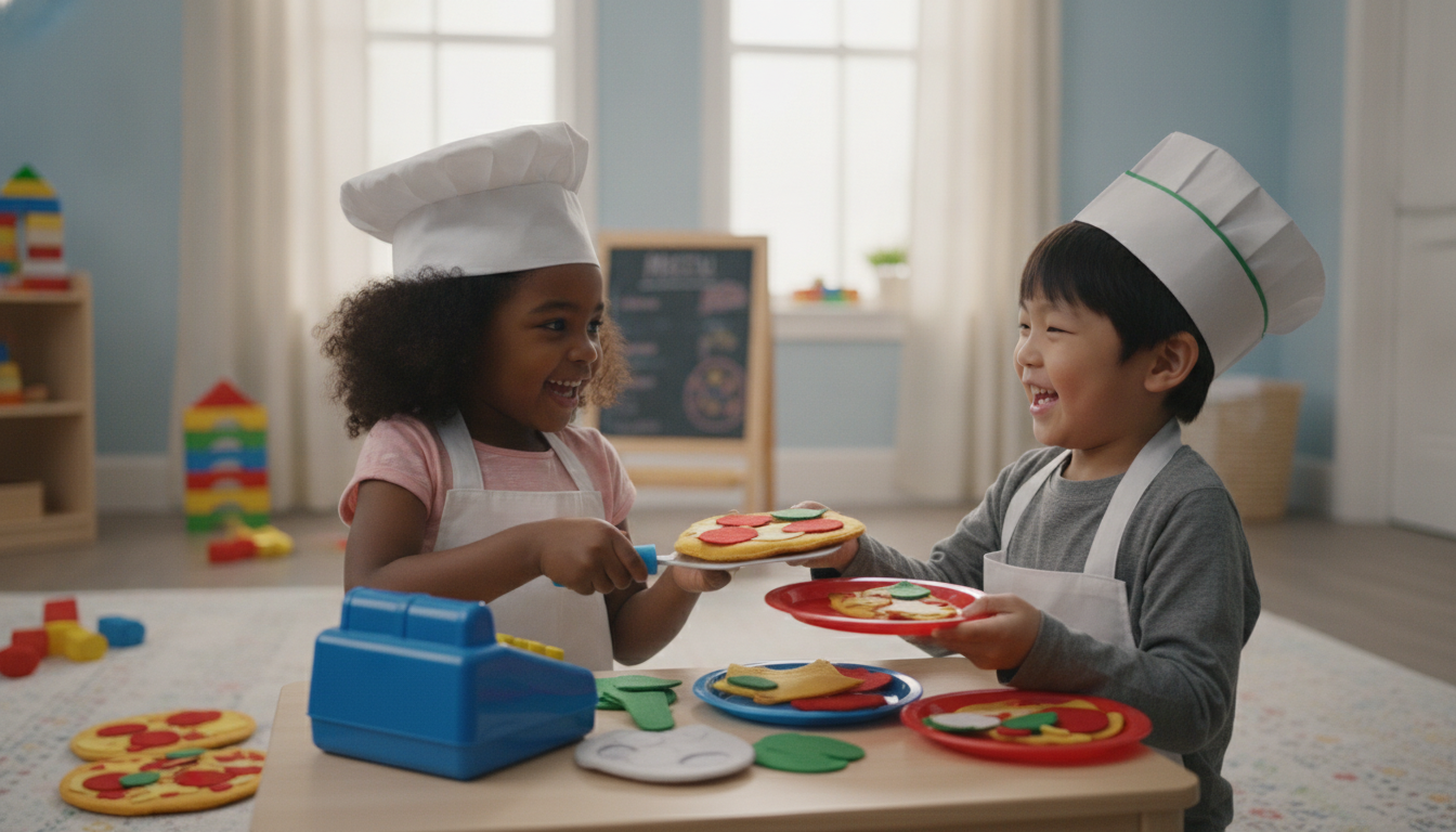 Children engaging in pizza shop pretend play