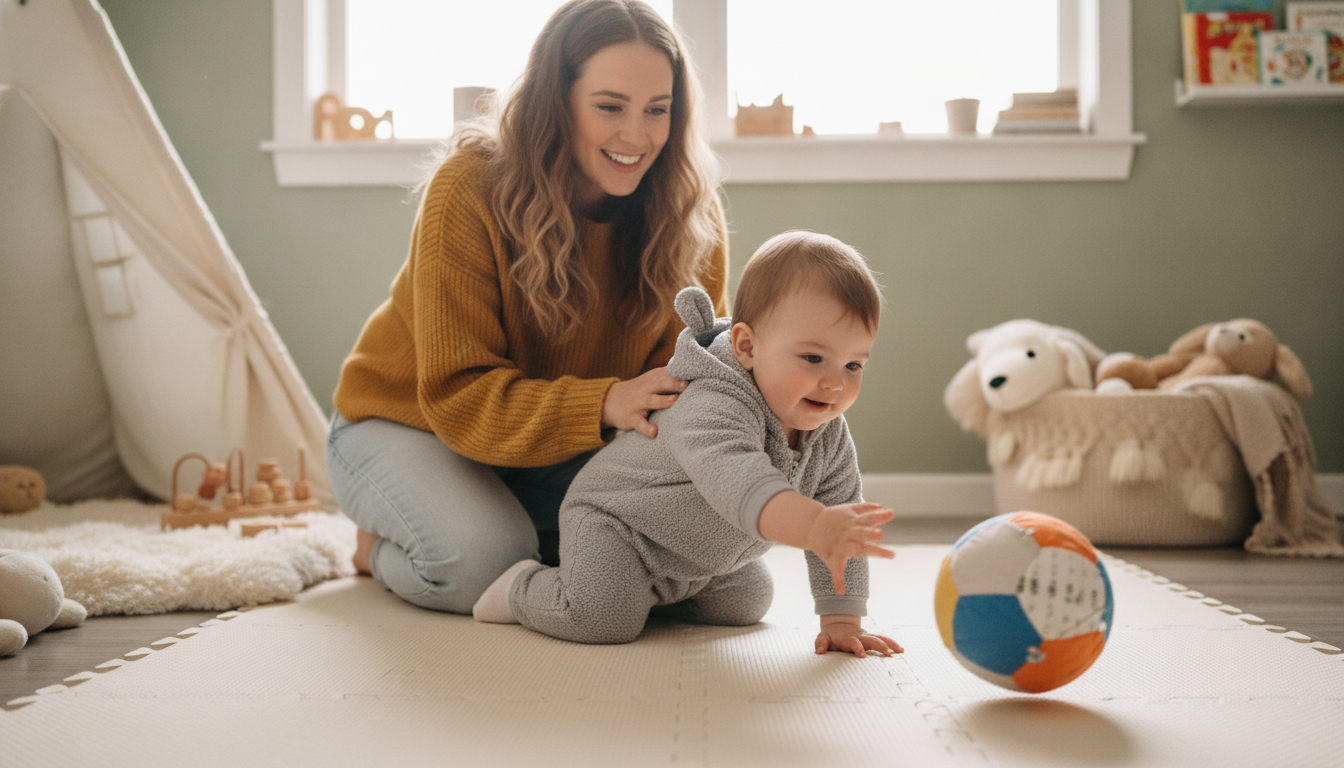 Spotlight on the Sassy Developmental Bumpy Ball baby holding colorful bumpy ball