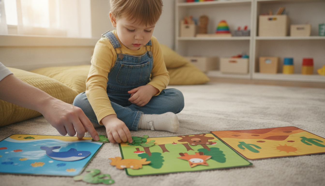 Sticker pad pages open with animals placed in habitats