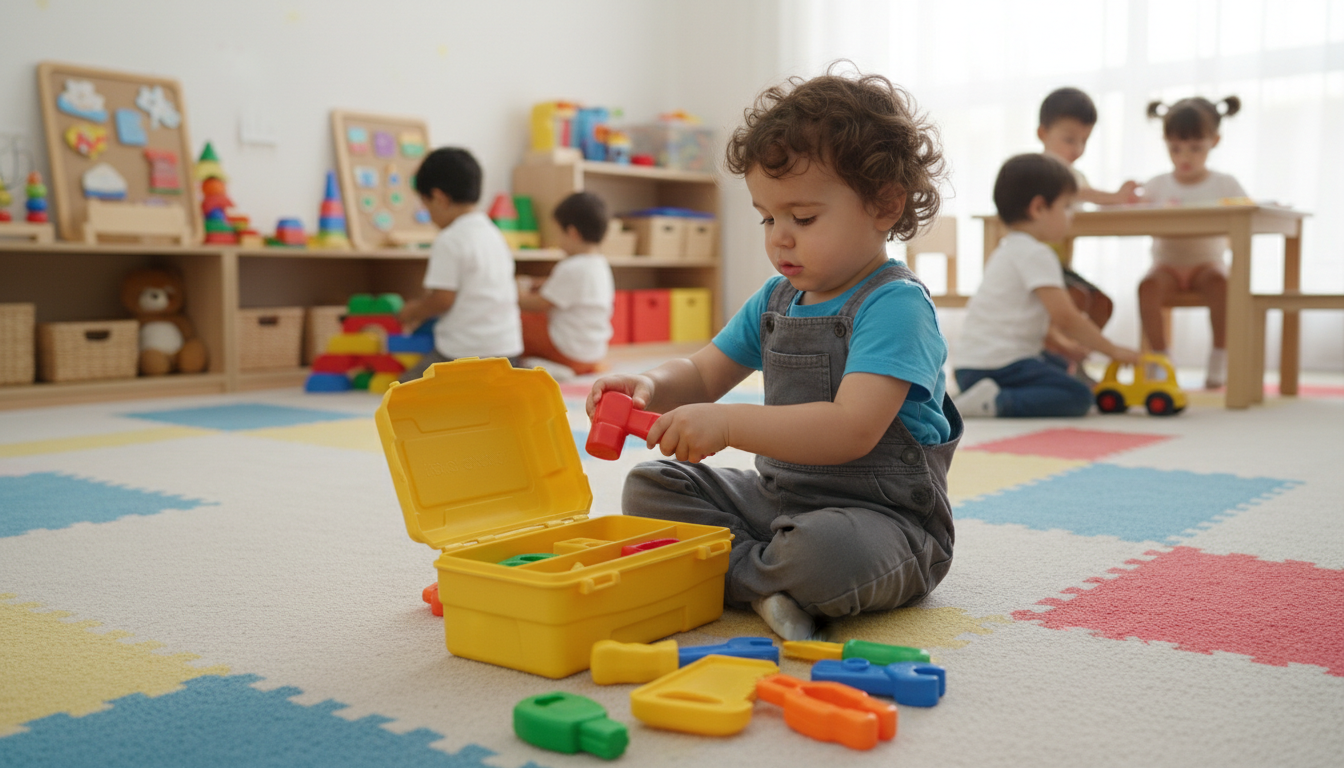 Toddler arranging toy tools in a toolbox