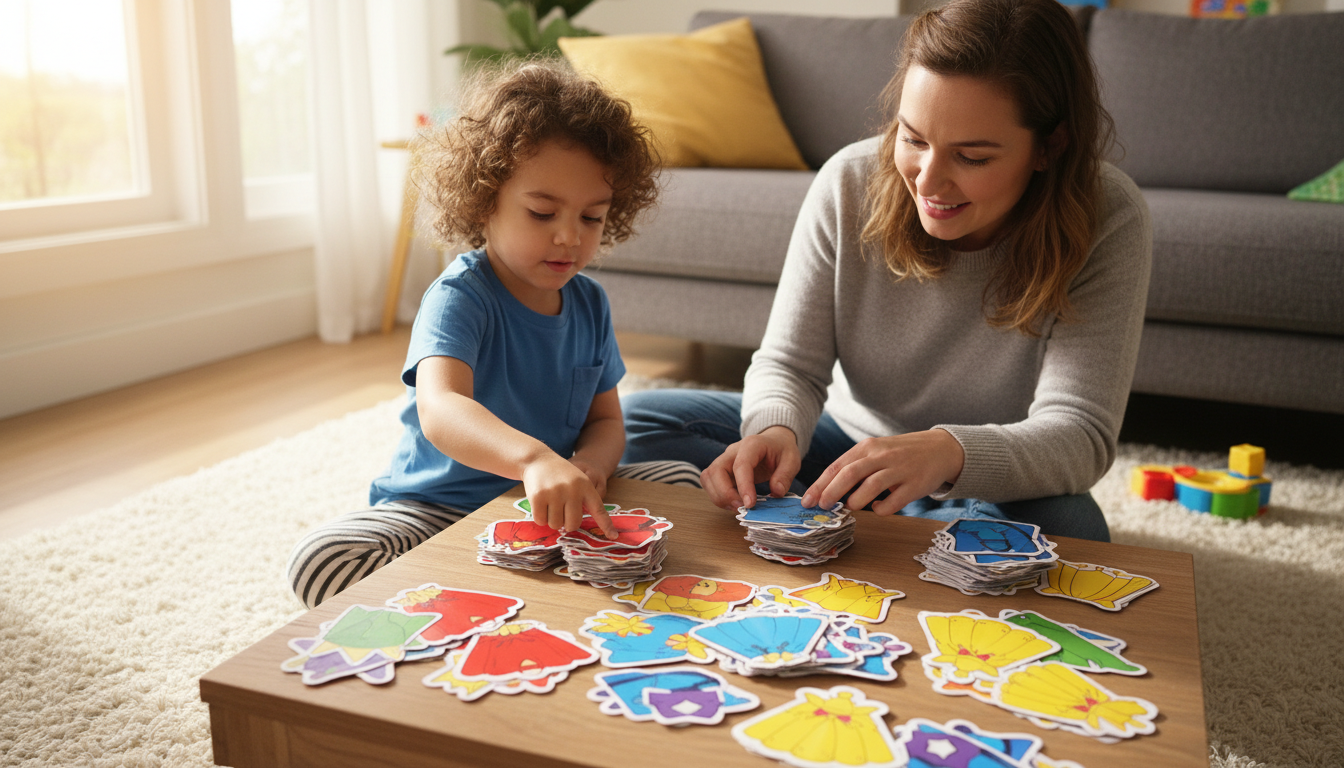 Children playing Raccoon Rumpus game with cards on table