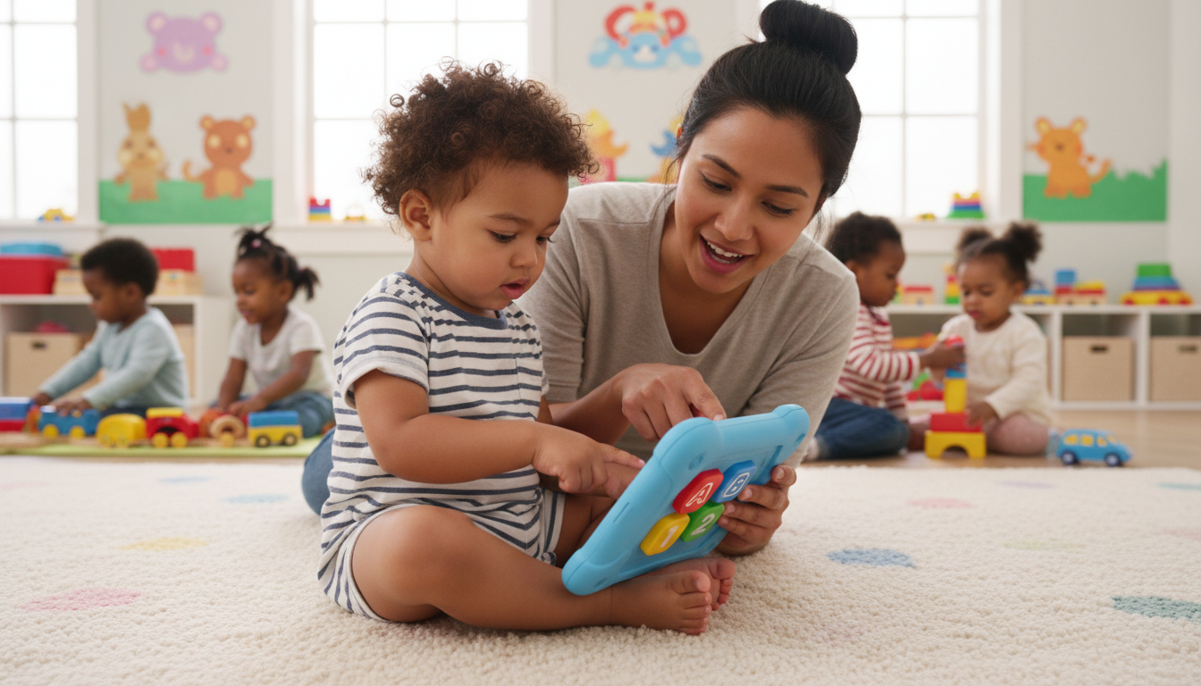 Toddler playing LeapFrog tablet mode