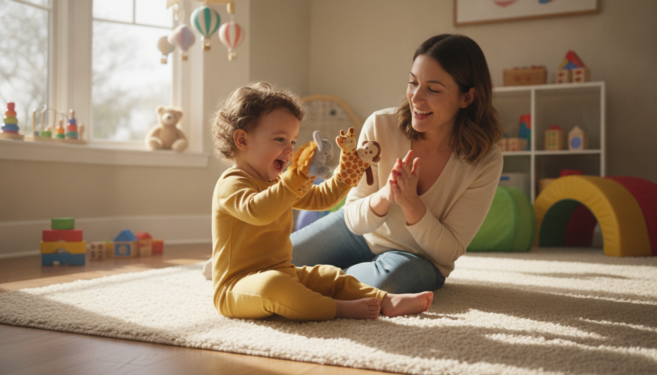 Child playing with animal finger puppets and barns