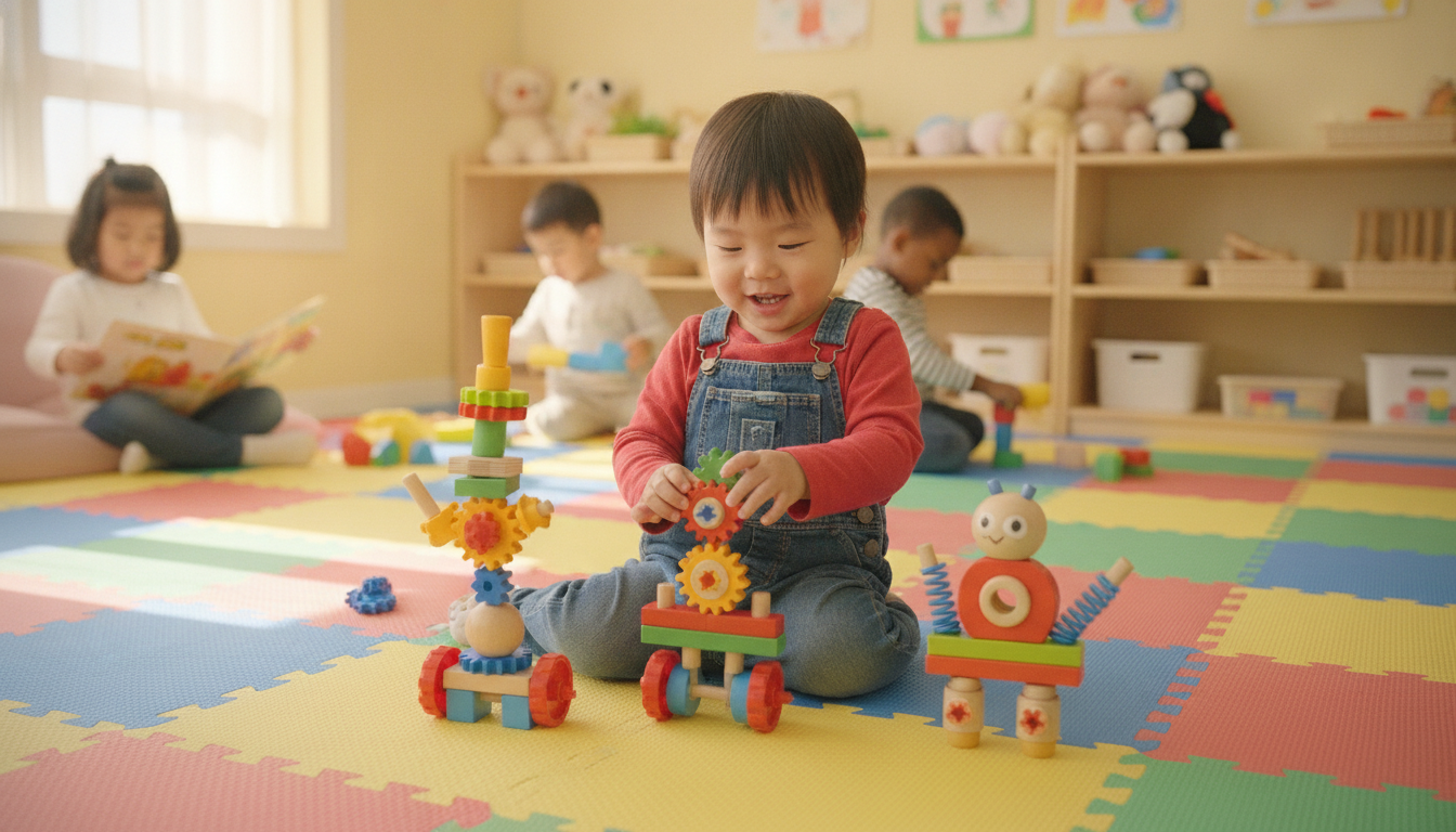 Parent and child building robot pieces together