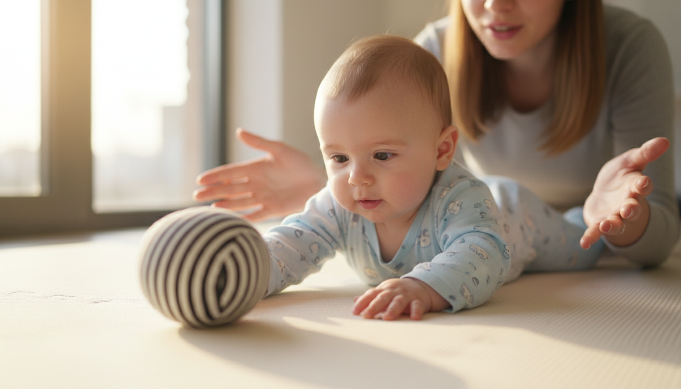 Encouraging Motor Skills and Motivating Tummy Time – baby reaching for black and white toy