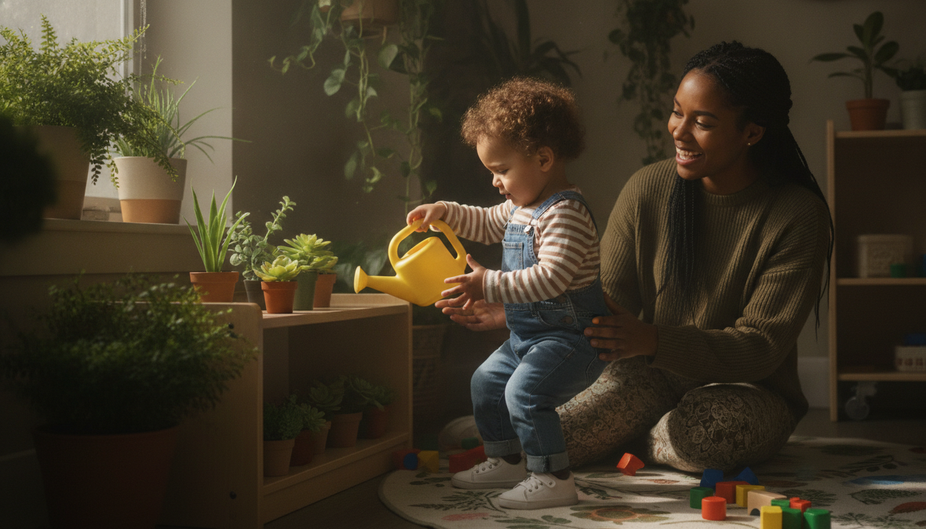 Child stacking flower pots during play