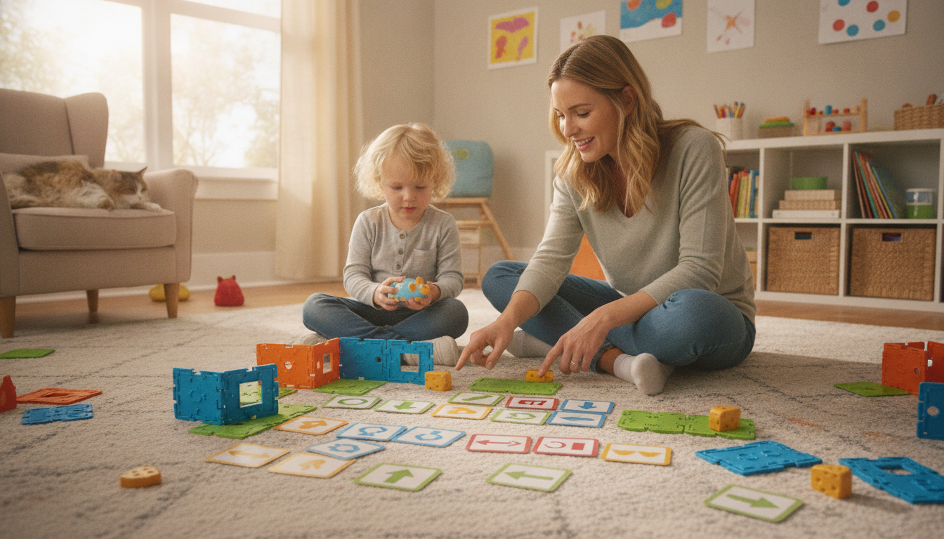 Robot mouse toy with maze components laid out ready for purchase decision