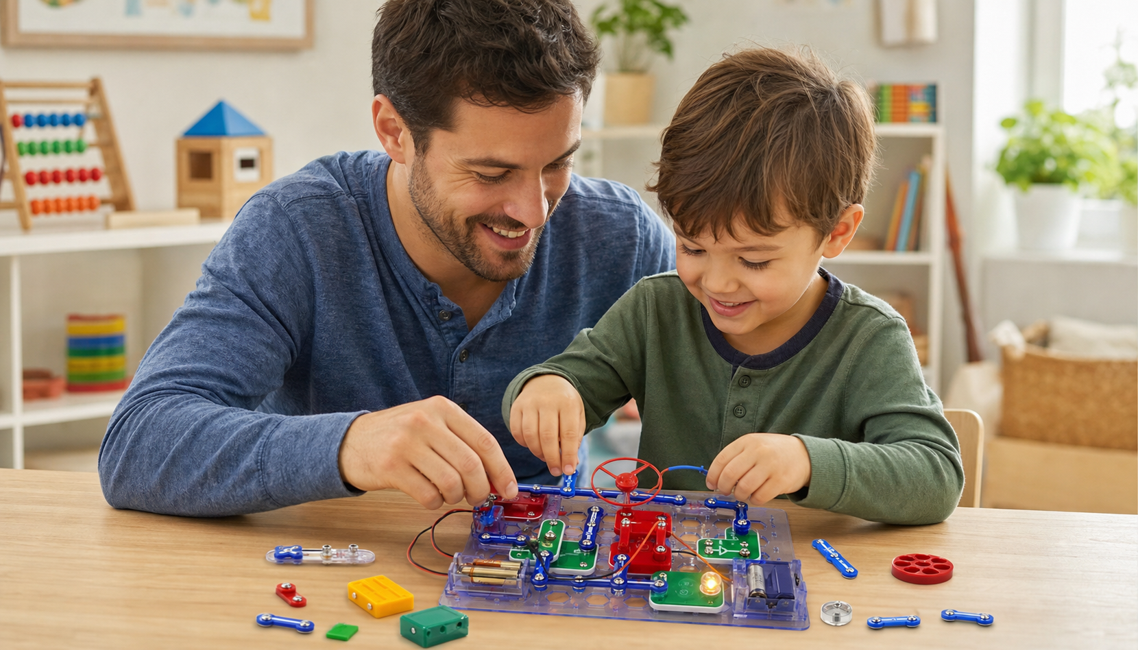 Parent and toddler playing together with Snap Circuits