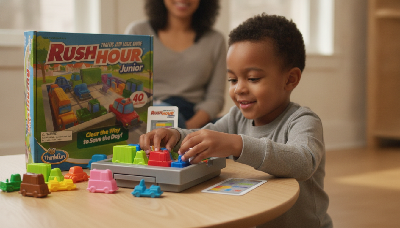 ThinkFun Rush Hour Junior game set with vehicles and challenge cards